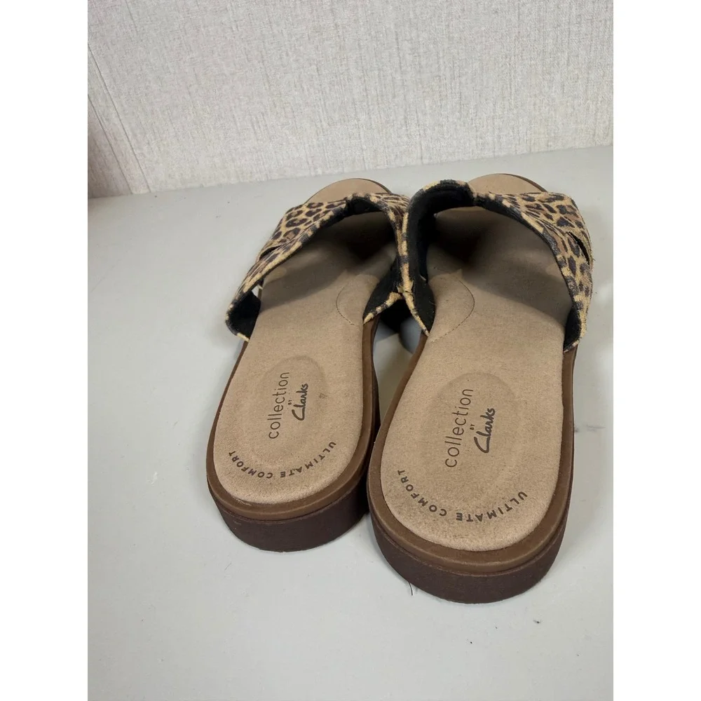 Clarks Declan Flo Leopard Print Flat Slide‎ Sandal Leather 8M